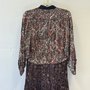 Warm NY Mixed Print Silk Viscose Midi Dress Brown Floral Stripe Size 0 Boho Fall thumbnail 5