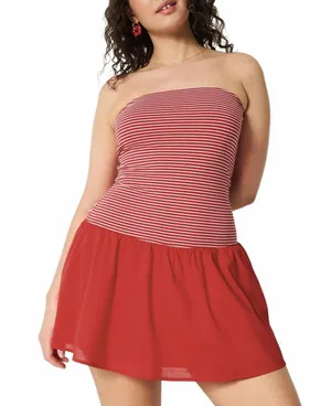 Hollister Tall Strapless Drop-Waist Knit-Woven Mini Dress NWT Cherry Red Stripe thumbnail 1