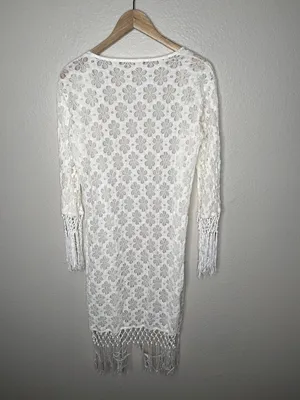 RAGA Boho White Floral Lace Open-Front Fringe Duster Cardigan Size Medium thumbnail 9