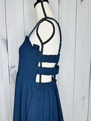Davi & Dani Maxi Dress Sz L Navy Open Back Ladder Strap Smocked Front Sleeveless thumbnail 6