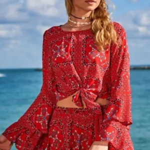 Altar’d State Mackenzie Handkerchief Red Crop Top Blouse Boho Hippie Beach thumbnail 1