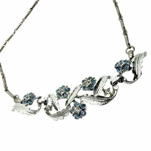Vintage Blue Rhinestone Floral Leaf Statement Necklace Silver thumbnail 5