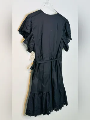 Maette Black Eyelet Cotton Poplin Wrap Mini Dress NWT thumbnail 7