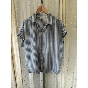 Madewell Women's Chambray Blue White Stripes Dolman Sleeve Button Front Top L thumbnail 2