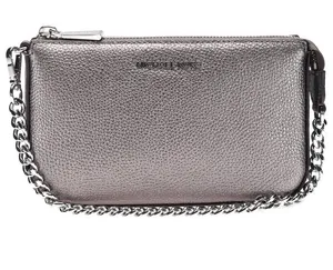 Michael Kors Pouchette Wrislet Gunmetal Metallic Leather Silver Chain Strap thumbnail 1
