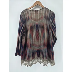 One World Tunic Top Womens L Multicolor Boho Crochet Lace‎ Hem Long Sleeve Scoop thumbnail 2
