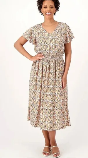 Candace Cameron Bure Floral Smocked Midi Dress‎ XS V-Neck Flutter Sleeve Blue thumbnail 1