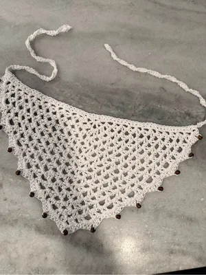 Handmade Crochet Wood Beaded Kerchief Head Scarf Cotton Boho Bandana Cottagecore thumbnail 2