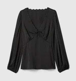 NWT Gap Babydoll Blouse Womens Small Scallop Eyelet Satin Black Office Bow Top thumbnail 1