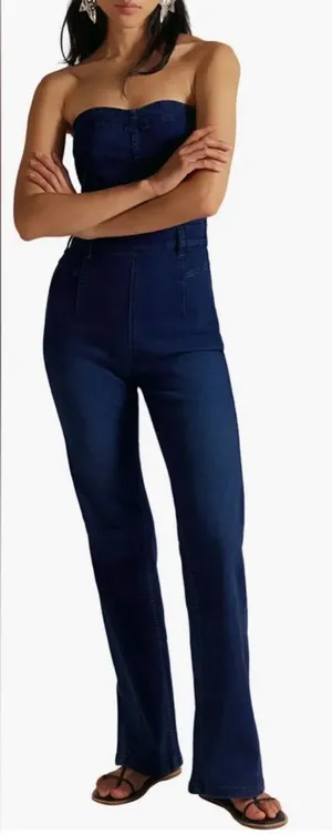 NEW FREE PEOPLE Beckett Strapless Denim Jumpsuit sz 25 thumbnail 1