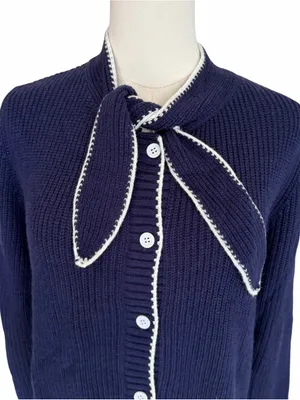 Commense - NWT Tie Neck Button Knit Cardigan Wool Blend Navy White Trim Sz M thumbnail 4