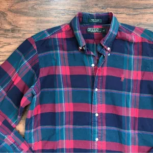 vintage • Polo Ralph Lauren 90s plaid buttondown shirt green red navy cotton thumbnail 2