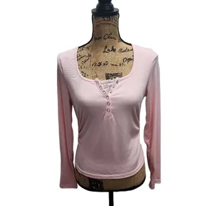Henley Shirt Womens Size XL Light Pink Ribbed Knit‎ Lace Trim Casual Chic Soft thumbnail 3