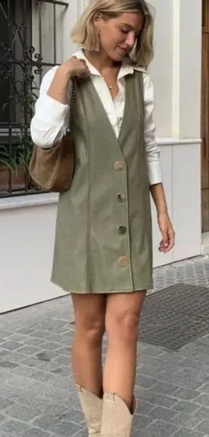 ZARA Mini PINAFORE FAUX LEATHER A-LINE V-Neck DRESS W/ BUTTONS Green SIZE S NEW thumbnail 3