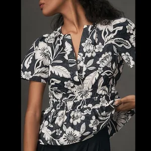 Anthropologie The Somerset FLATTERING Blouse Dark Floral Gray & Black, Size XXS thumbnail 2