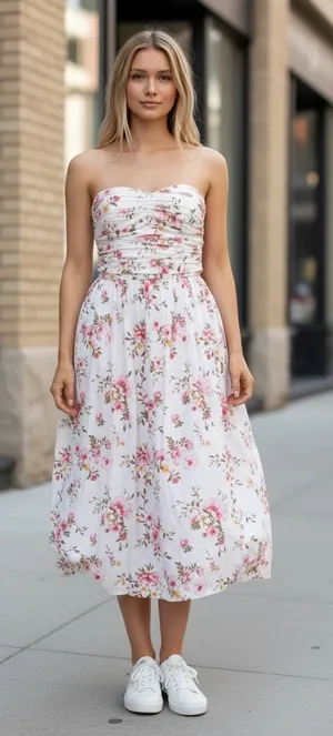 NWT Women's Smocked Strapless Midi Dress Cotton Floral Small thumbnail 1