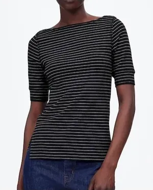 NWT Womens Madewell Ribbed Boat neck Tee black white Stripe stretch cotton XS thumbnail 1