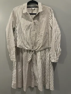 J. Jill Pinstripe Tie Waist Detail Collared Button-Down Shirt Dress Latte and White thumbnail 2
