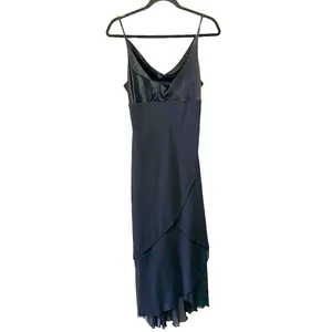 Teeze Me Black‎ Satin Cowl Neck Midi Dress Size 9 Asymmetrical Hem Made in USA thumbnail 2