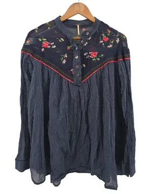 Free People Blouse Women Small Blue Wildflower Floral Embroidered Striped Henley thumbnail 1