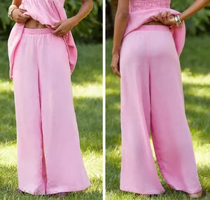 Anthropologie The Aubrey Smocked Linen Wide-Leg Pants, Size L thumbnail 2
