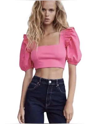 ZARA Hot Pink Puff Sleeve Square Neck Ribbed Crop Top thumbnail 7