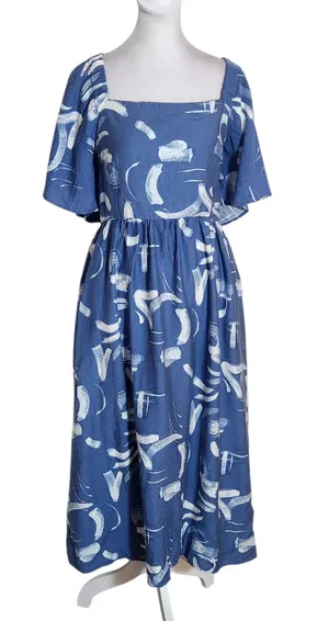 A New Day Blue and White Print Square Neck Midi Dress with Cutout Size Large thumbnail 1