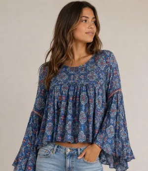 Hollister Bell Sleeve Blouse Large Blue Medallion Boho Crochet Trim Top thumbnail 1
