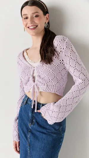 Francesca's Blue Rain Lilac Belle Keyhole Crochet Crop Cardigan Sweater Medium thumbnail 1