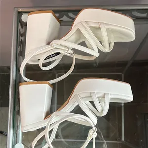 White Strappy Platform Ankle Strap High Block Heel Sandals Size 6 thumbnail 5
