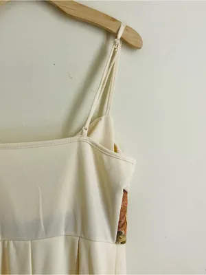 Floral Tapestry Waist Wide Leg Cream Jumpsuit Draped Neck Size M thumbnail 5