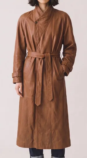 Vintage American Style Brown Leather Belted Trench Coat Mountain life old money thumbnail 1