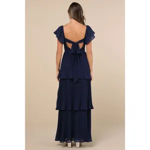NWT Lulus Notorious Charm Navy Blue Pleated Flutter Sleeve Maxi Dress Gala Sz L thumbnail 3