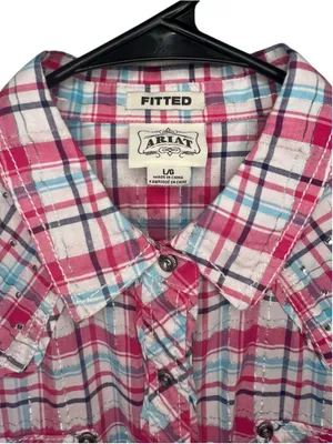 Ariat Fitted Pink White And Blue Fitted Plaid Western Snap Shirt W/Rhinestones thumbnail 3