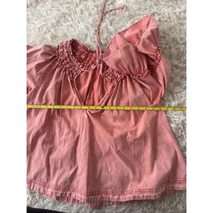 Free People‎ Pink Washed Smocked Neck Ruffle Sleeve Tie Neck Blouse Top S thumbnail 8