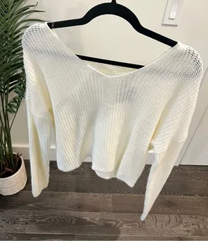 Women's Cream V-Neck Knit Sweater thumbnail 1