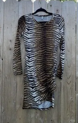 Grecerelle Tiger Print Bodycon Dress Size Small animal‎ long sleeve club summer thumbnail 1