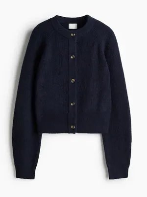 H&M Women's Size Large Rib-Knit Cardigan Sweater Navy Blue Crewneck Stretch Wool thumbnail 1