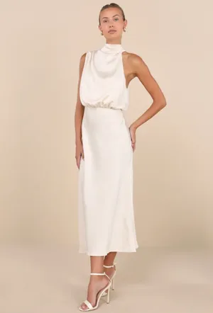 Lulus Champagne Crinkle Satin Mock Neck Sleeveless Midi Dress thumbnail 2