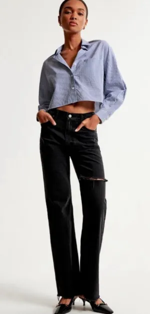 Abercrombie & Fitch High Rise '90s Relaxed Jean Black Fray Destroy Size 32 (14R) thumbnail 1