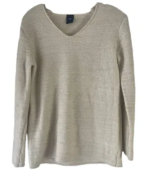 Gap Womens XS V-Neck Sweater‎ Beige Oatmeal Metallic Shimmer Cotton Wool Blend thumbnail 1