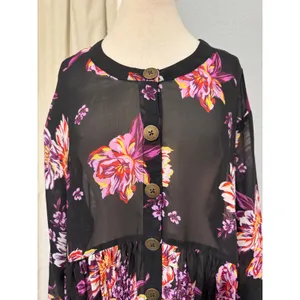 Cottagecore Womens Tunic‎ 2X Black Floral Sheer Mesh Babydoll Button Front Top thumbnail 6