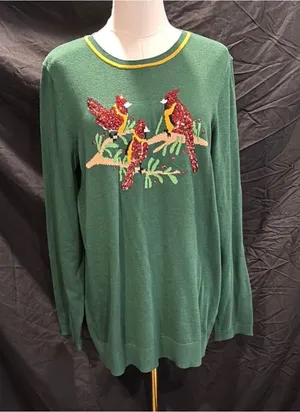 Kim Rogers Green Crewneck Sweater with Red Sequin Cardinals thumbnail 1