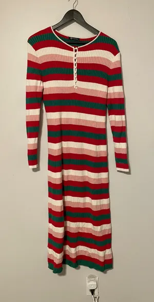 Amazon Red, White, Pink, and Green Bodycon Sweater Dress thumbnail 1