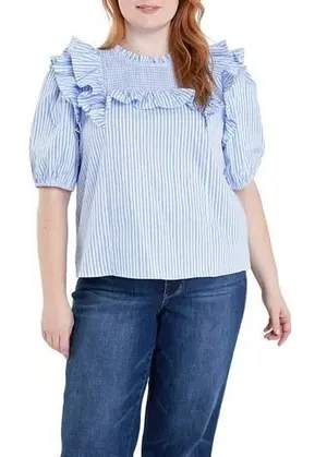 English Factory‎ Blue White Striped Smocked Ruffle Puff Sleeve Top thumbnail 1