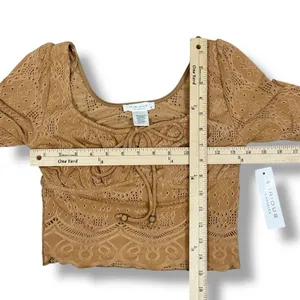Kirious Boho Embroidered‎ Eyelet Tie Neck Long Sleeve Crop Top Tan XS thumbnail 10