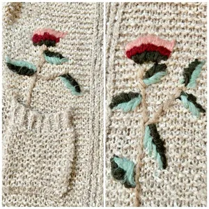 Alya Floral Chunky Knit Sweater Cardigan Embroidered Flowers in Cream Size S thumbnail 3