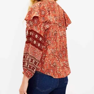 Loft Bouquet Ruffle Tie Neck Blouse Auburn Orange‎ Size Small Boho Fall thumbnail 2