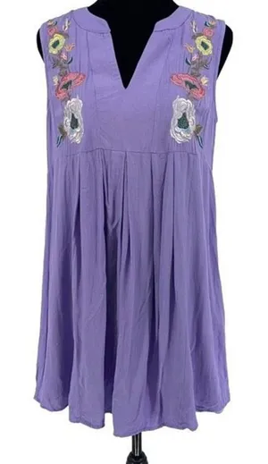 Entro Womens Tunic Tank Top Sleeveless Embroidered Floral‎ V Neck Purple Small thumbnail 1