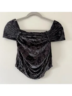 Free People Joni Black Off the Shoulder Whimsical Velour burnout top size medium thumbnail 2